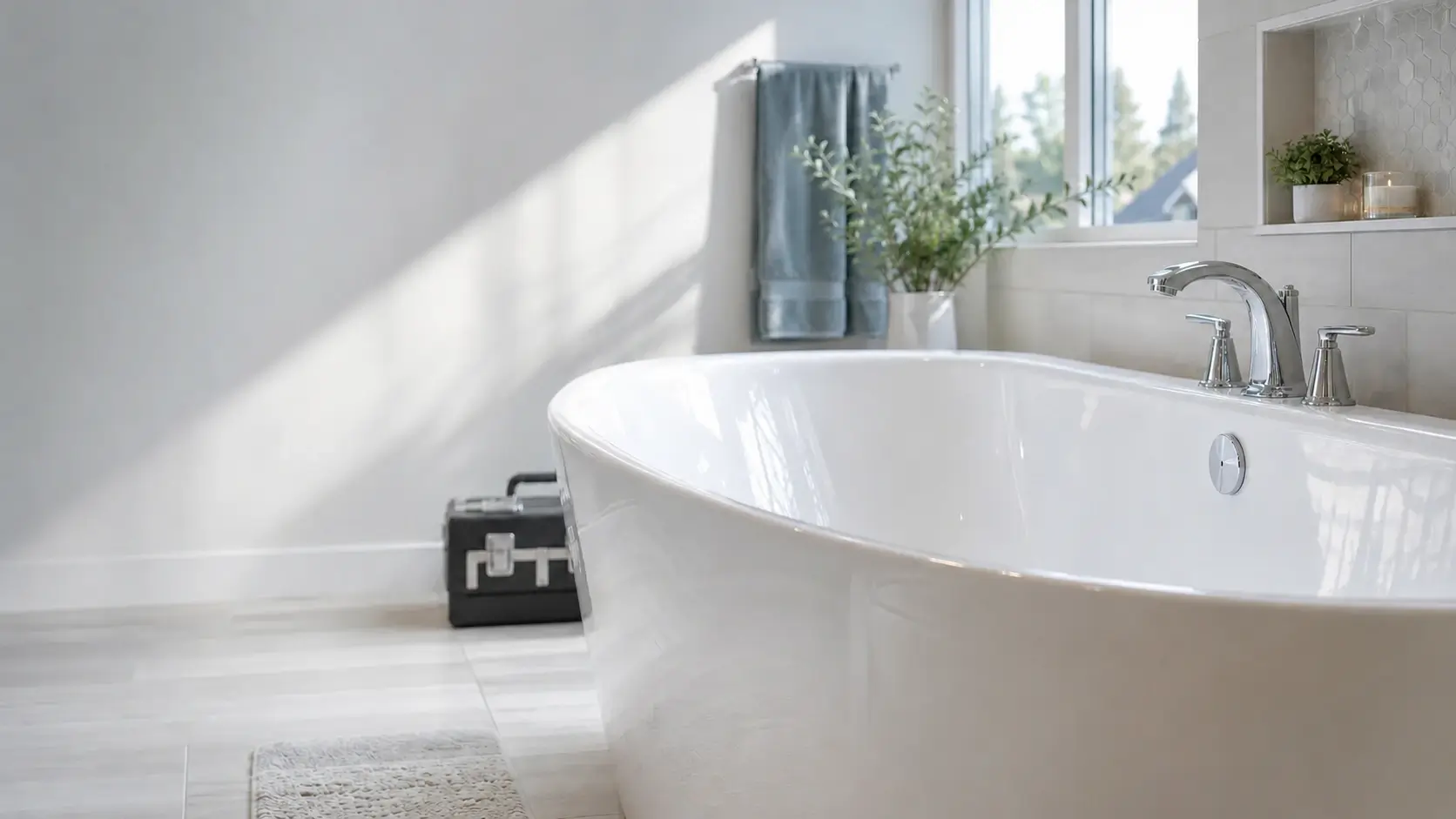 Freshly reglazed white bathtub in a bright Calgary bathroom